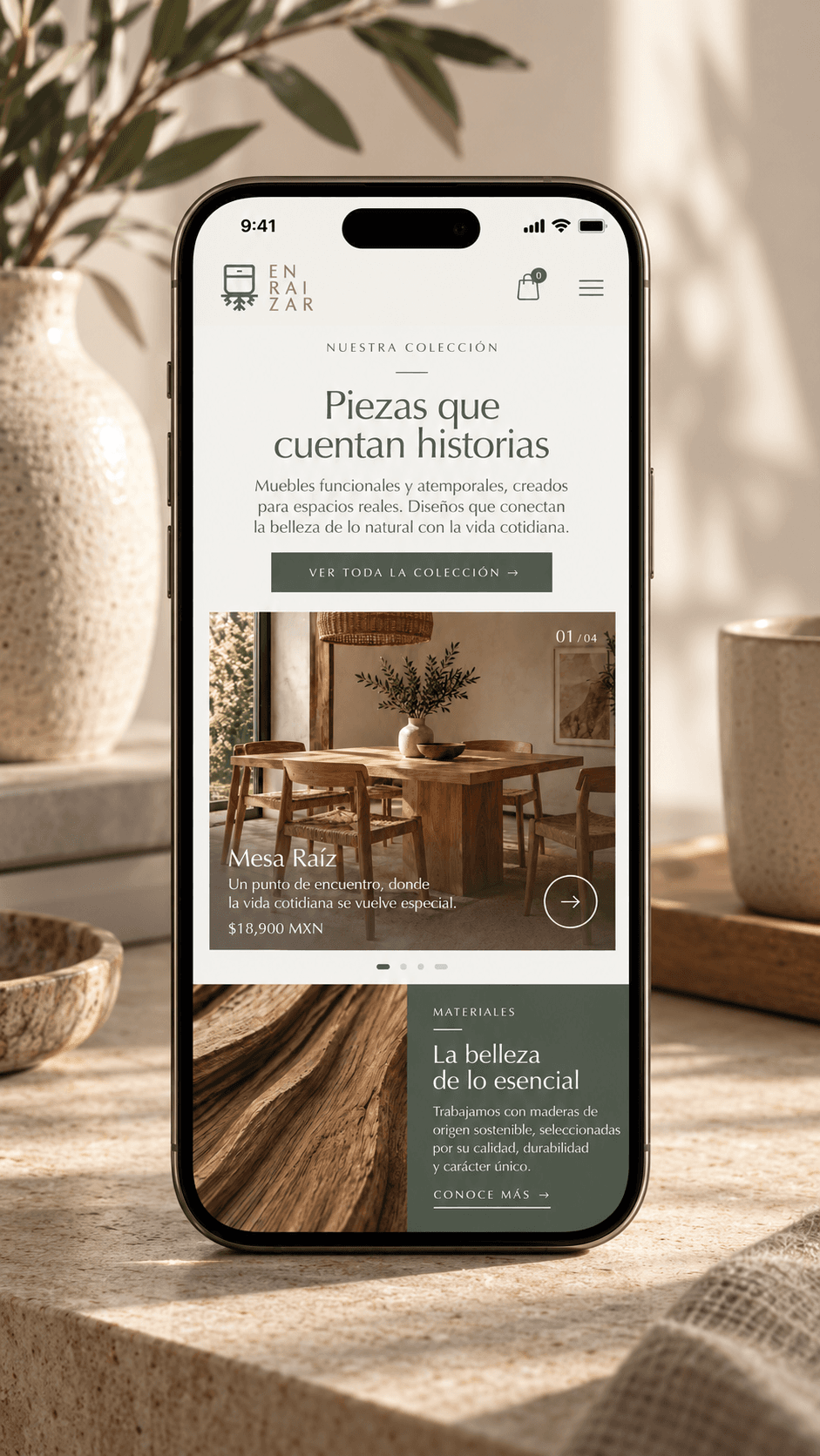 Ejemplo móvil de una página web para una marca de mobiliario