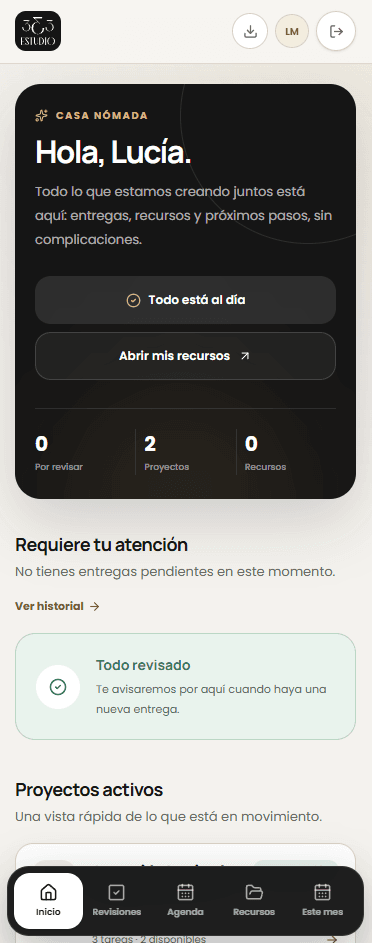 Vista del portal personalizado de 333 Estudio para revisar entregas de contenido