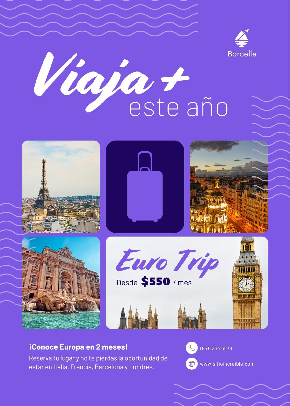 Flyer morado para una agencia de viajes