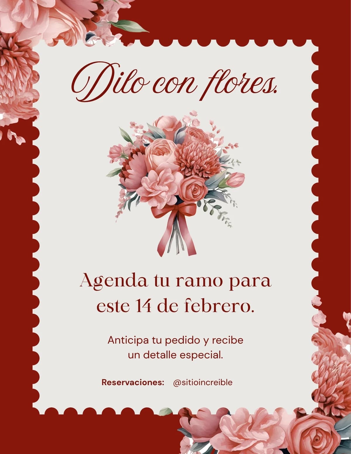 Flyer rojo y rosa para la preventa de una florería